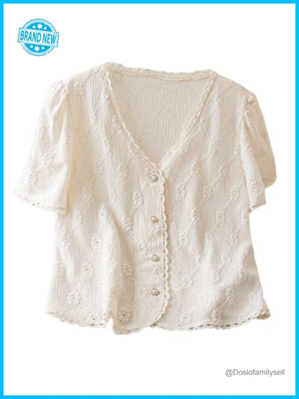 Women's Floral Embroidered V-Neck Button Up Blouse Frill Trim